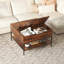 Table basse à plateau rabattable avec compartiment caché et 3 tablettes ouvertes - Noyer foncé et métal noir