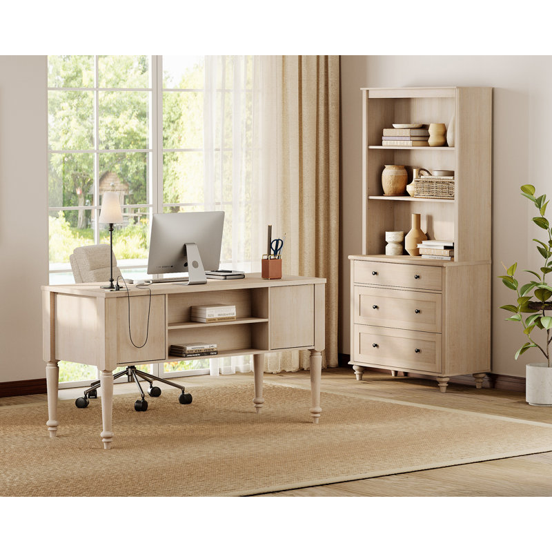 2 - Piece Office Set, 56" Executive Desk & Bookcase With Drawers, Beige, Beige