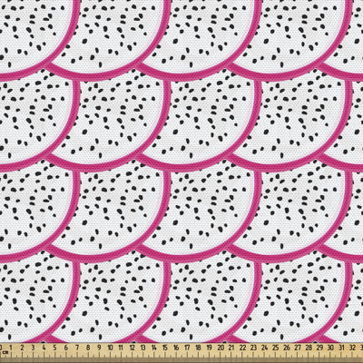 Tissu à motif de fruits du dragon au bord de la cour, motif alimentaire tropical répétitif avec éléments de Pitaya superposés coupés en deux, tissu décoratif pour le revêtement et les accessoires de maison, blanc rose vif