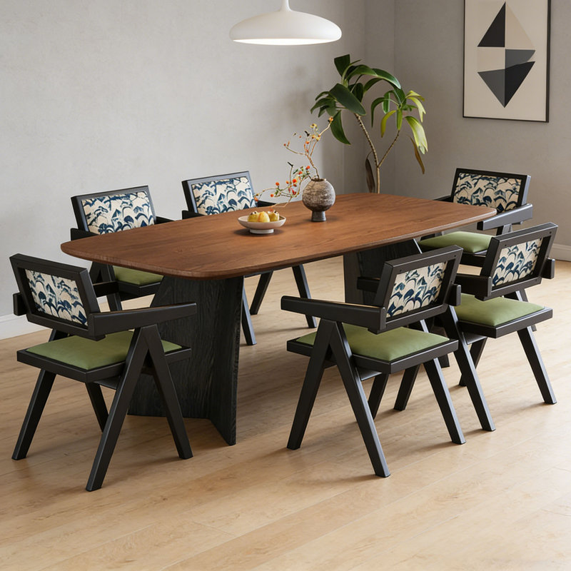 Table rectangulaire Mid-Century en noyer épais, H 29,5 po x l 55,1 po x P 31,5 po, 7 pièces : table, 6 chaises