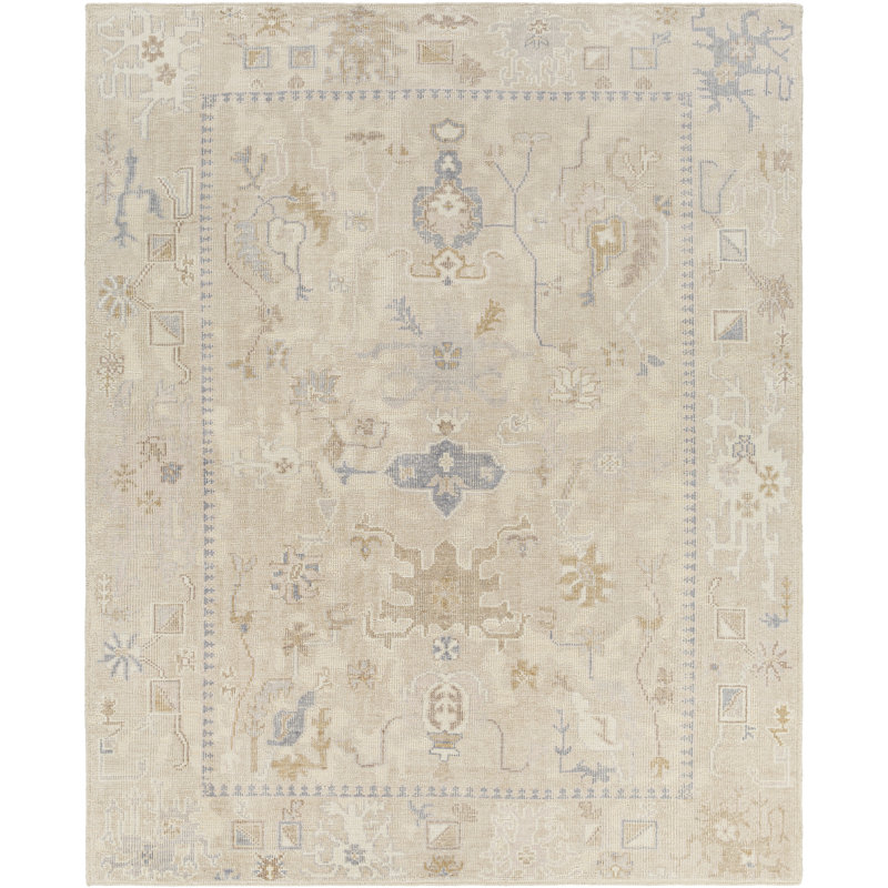 Tapis oriental brun clair / bleu noué à la main recyclé P.E.T, Rectangle 6 pi x 9 pi