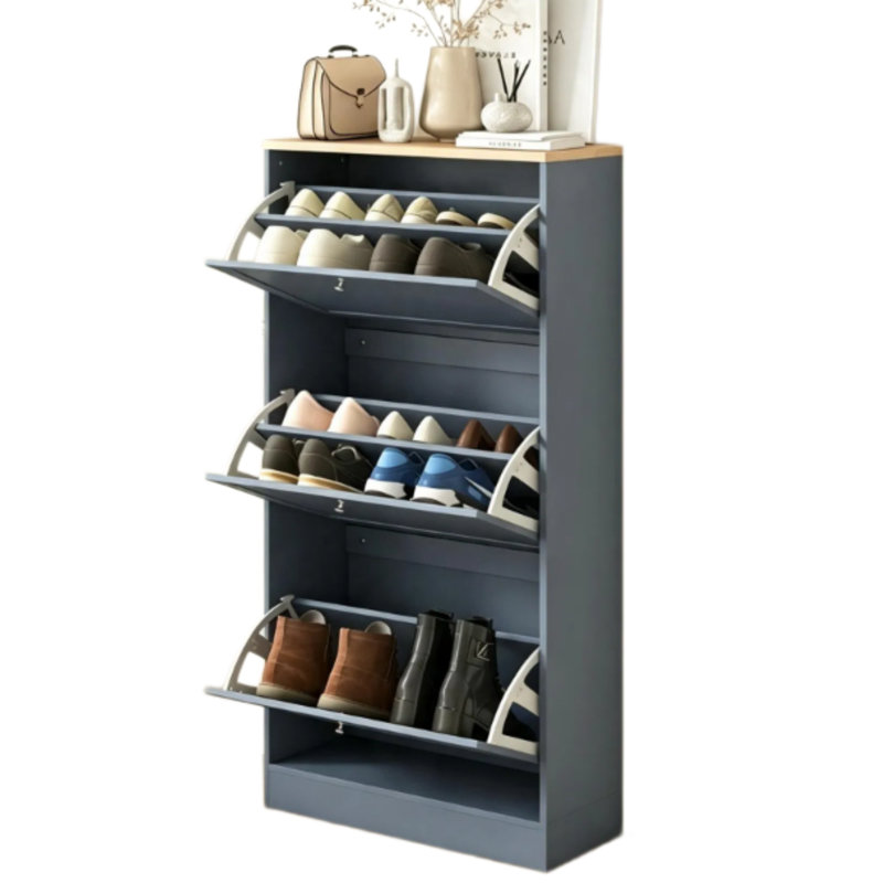 Armoire à chaussures bleue moderne avec 3 tiroirs inclinables et tablettes réglables, peut contenir 12 à 18 paires, 3 tiroirs rabattables, bleu