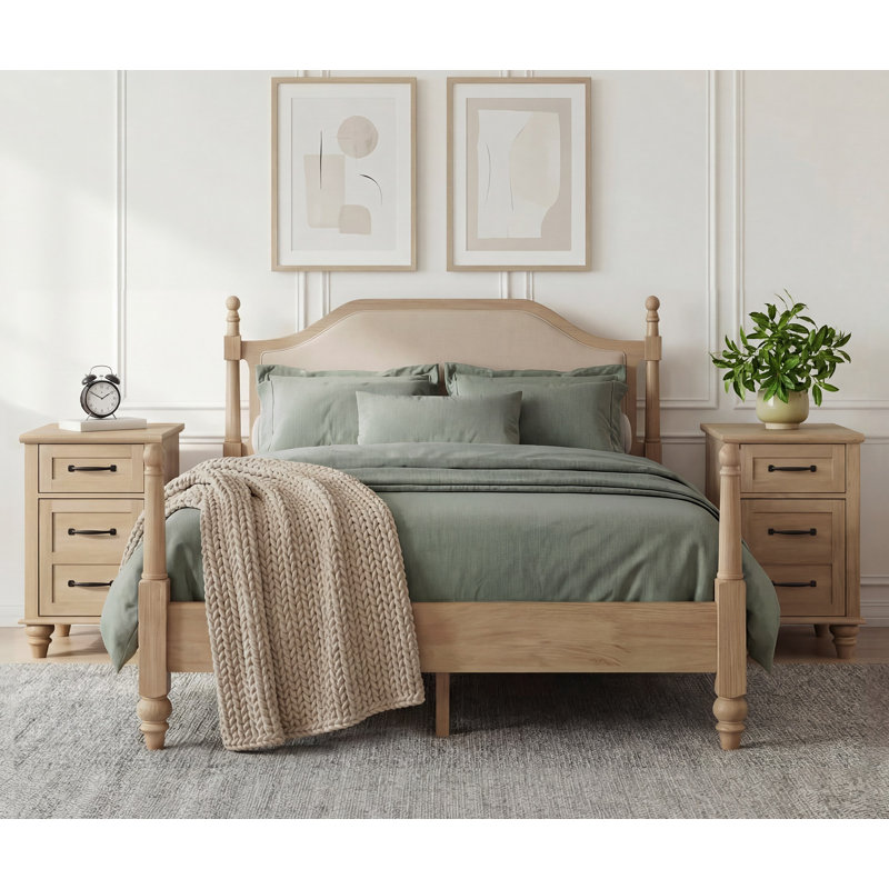 Ensemble de chambre à coucher 3 pièces, base de lit plateforme avec tête de lit Scarlett et ensemble de 2 tables de chevet avec station de charge, chêne