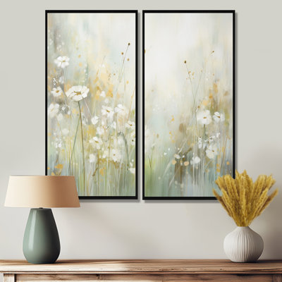 «Green Beige Serene Meadows II - Abstract Botanicals», impression sur toile surdimensionnée 2 pièces