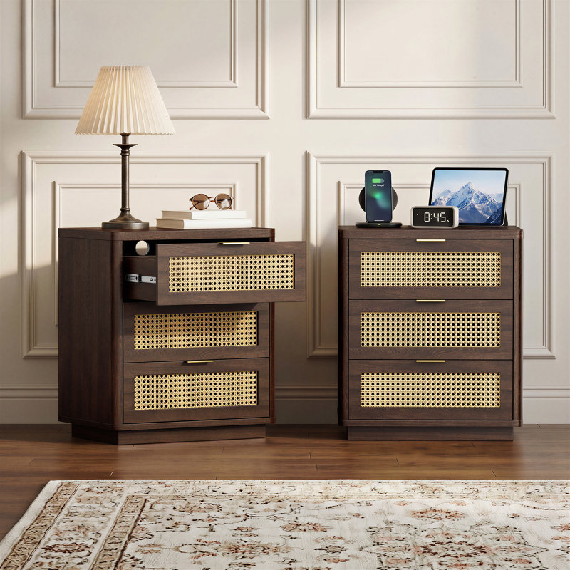 22.83'' W Nightstand With 3 Drawers And Charging Station ( Set Of 2 ), Brown
