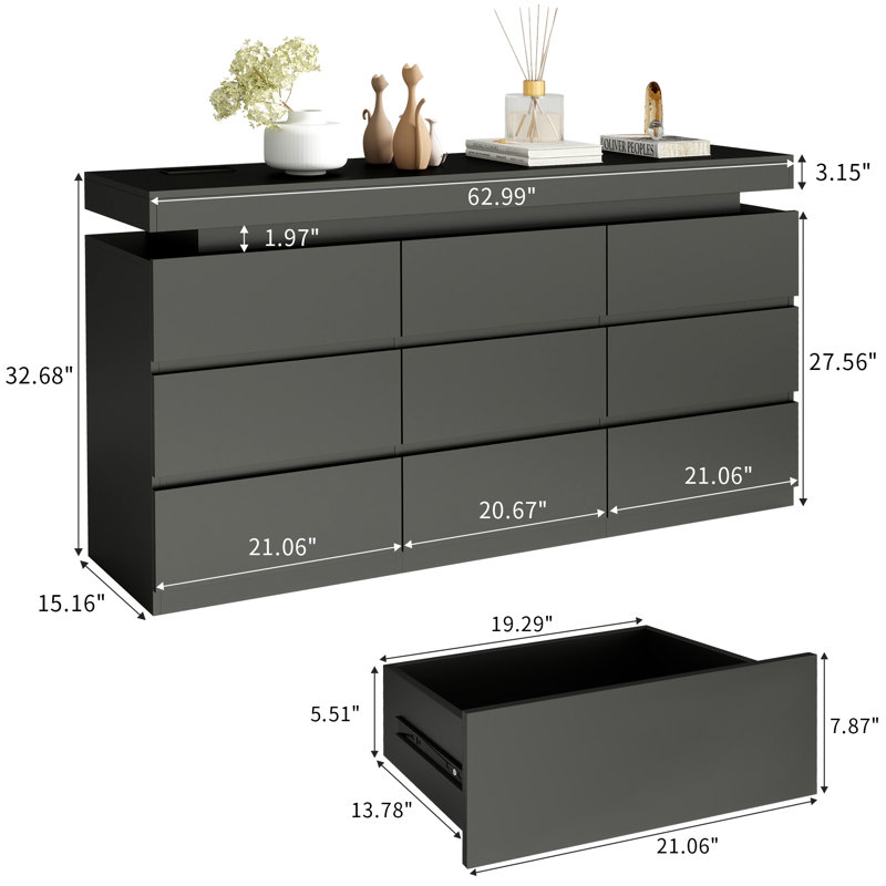 Modern 9-Drawer Dresser With LED Lighting & Built-In Charging Station - White/Black (Extra Deep Storage), Black