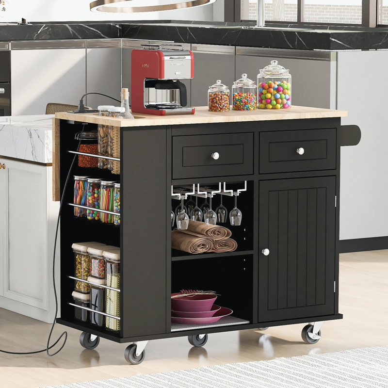 Kitchen Storage Island with Drop Leaf and Rubber Wood, Black, Solid Wood
