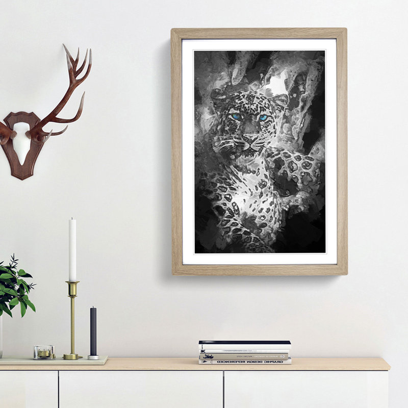 Bright Eyed Leopard in Abstract - Picture Frame Painting Print, Oak Framed, 48cm H x 36cm W x 2cm D