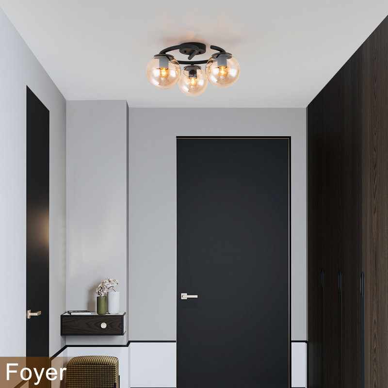 3-Light Amber Globe Semi-Flush Mount Ceiling Light With Glass Shades, Matte Black Curved Bracket, 17" Wide Modern Cluster Fixture, E26 Base, ETL Listed - Industrial Vintage Style For Dining Room Living Room Foyer