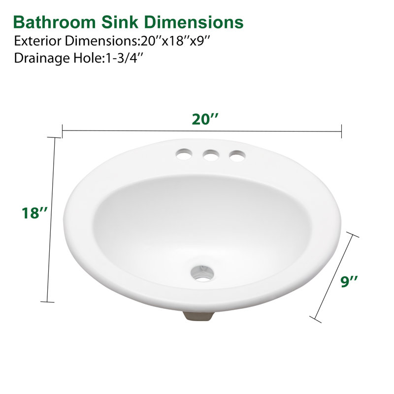 Lavabo de salle de bain ovale encastré en céramique blanche 20 pouces avec 3 trous de robinet