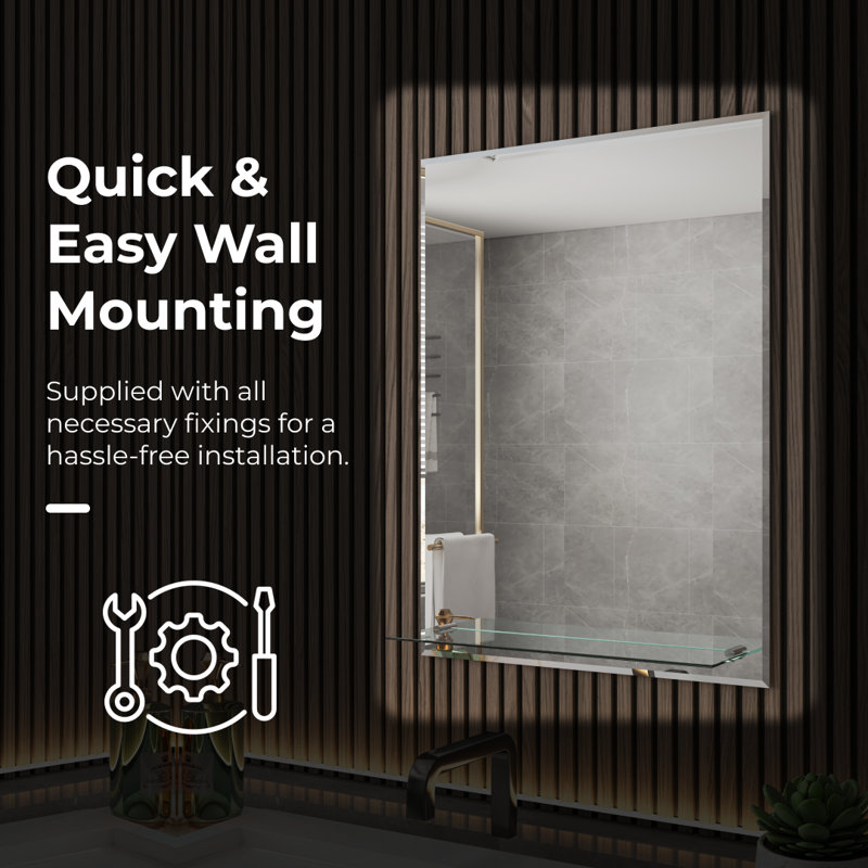 iBathUK Aria Wall Mounted Rectangular Bathroom Mirror with Fixed Glass Shelf, Modern Frameless Vertical Mirror, 600 x 800mm
