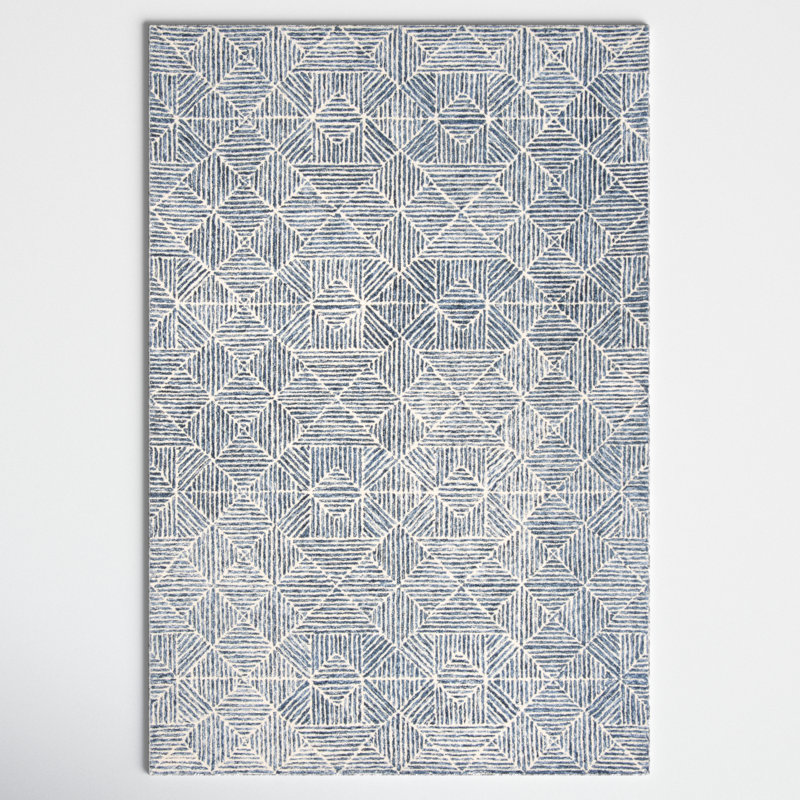 Tapis bleu / ivoire fabriqué à la main Linsly, Rectangle de 10 pi x 14 pi