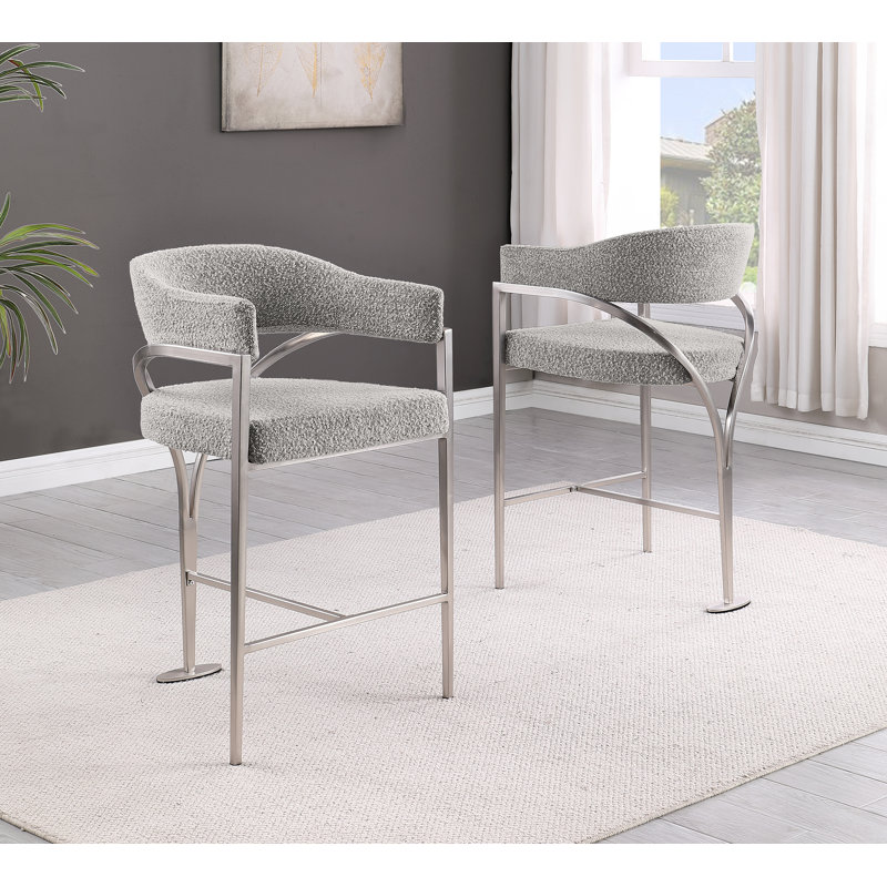 Chaises Boucle Counterheight avec structure en chrome mat, Siège gris riche / cadre argenté