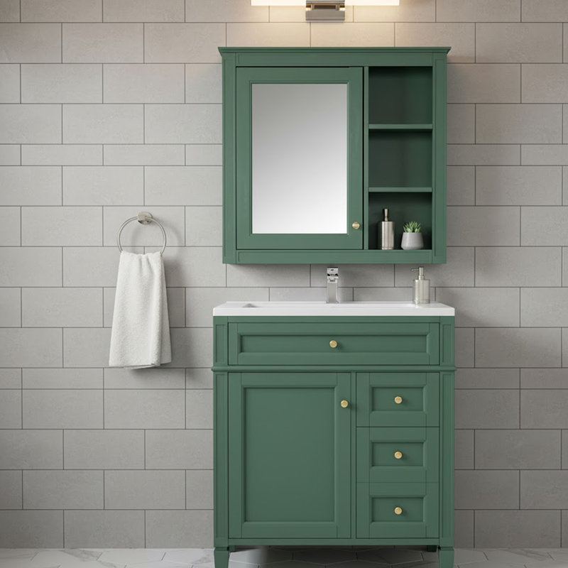 Armoire de rangement de salle de bain moderne avec 2 tiroirs et un tiroir incliné, Vert, Doré