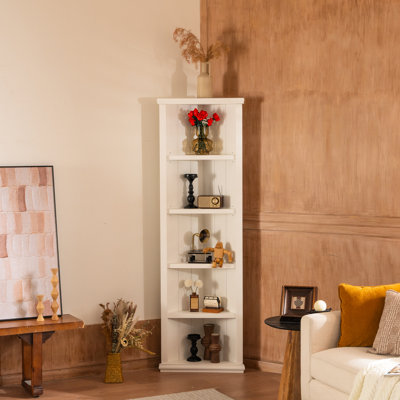 5 Triangle Sided White Bookshelf For Kitchen And With Space Design Of Two 73.53'' Tall Bookshelves Displaying Porcelain Figures