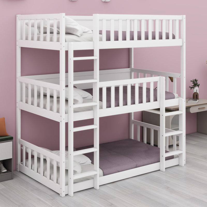 Triple Wood Bunk Bed, With Ladders, Guardrails Detachable Bunk Bed, White