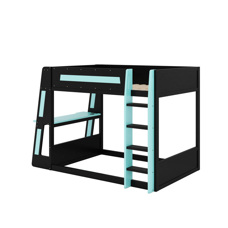 Full Size Wooden Gaming Bunk Bed With Desk, Shelves,USB And LED Light, Full, Black/Blue