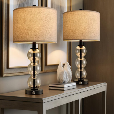 24" USB A+C 3 Way Dimmable Touch Control Modern Style Clear Glass And Black Metal Table Lamp For Living Room Bedroom Nightstand Bedside Lamps Home Set Of 2 (Bulbs Included)