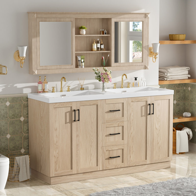 Meuble-lavabo double 59 po avec lavabo SMC, 4 portes et 3 tiroirs, meuble-lavabo moderne en bois aggloméré avec tablettes réglables, portes à fermeture en douceur et glissières cachées