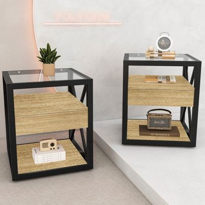 Table de chevet 2 pièces de style industriel avec table de chevet, tiroir, table de bout, chambre à coucher, salon, bois naturel et plateau en verre trempé