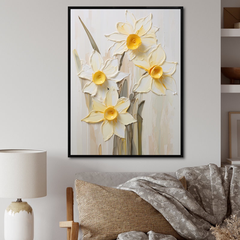 Minimalisme crème, jonquilles sur toile, H 40 po x l 30 po x P 1,5 po, Cadre flottant noir