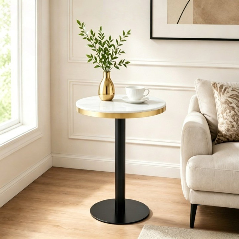 Table bistro 23,6 po ronde ultrabrillante avec bordure en acier inoxydable, White / Black