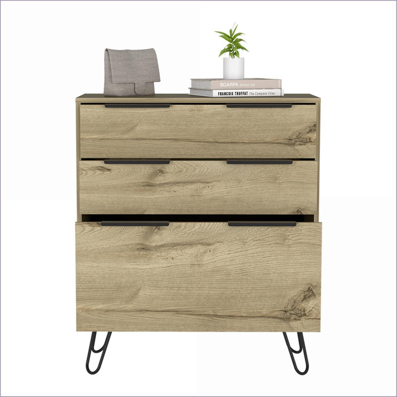 Commode, commode moderne à 3 tiroirs en chêne clair beige avec pieds en épingle à cheveux