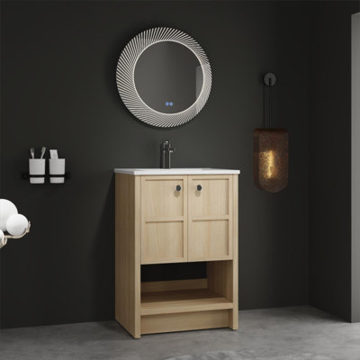 Meuble-lavabo autoportant de 24 po avec lavabo en céramique, portes à fermeture douce et fabrication en contreplaqué durable au fini chêne