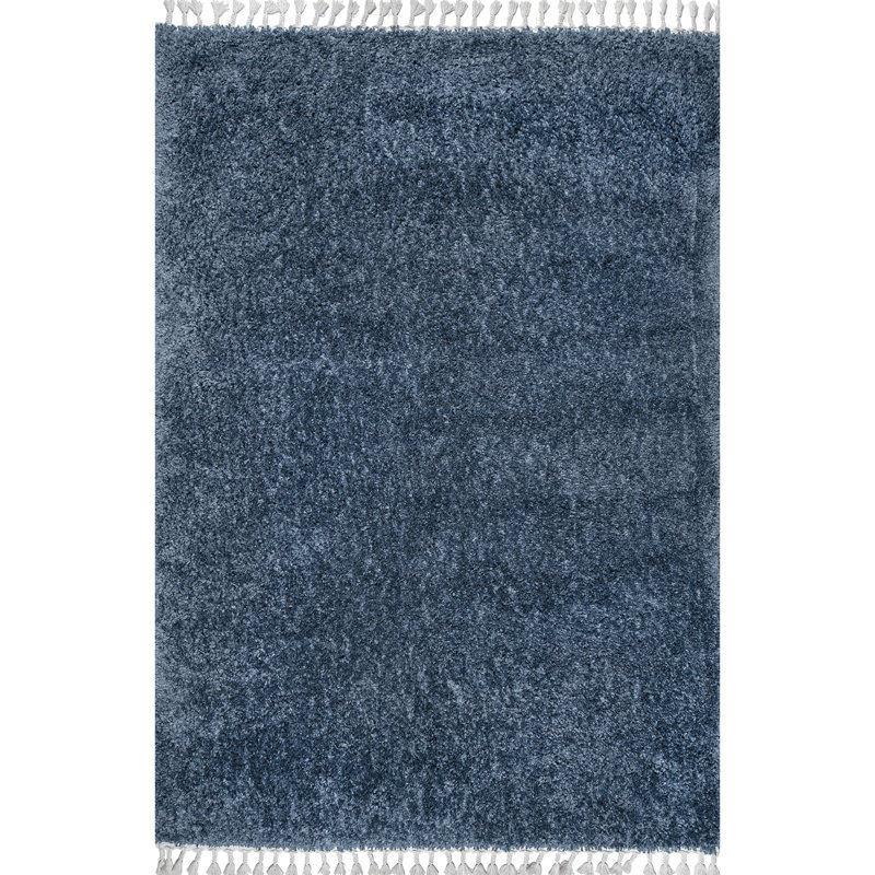 Hollier Modern Power Loom Performance Shag Tasseled Blue Rug, Rectangle 7' 10" x 11' 2"