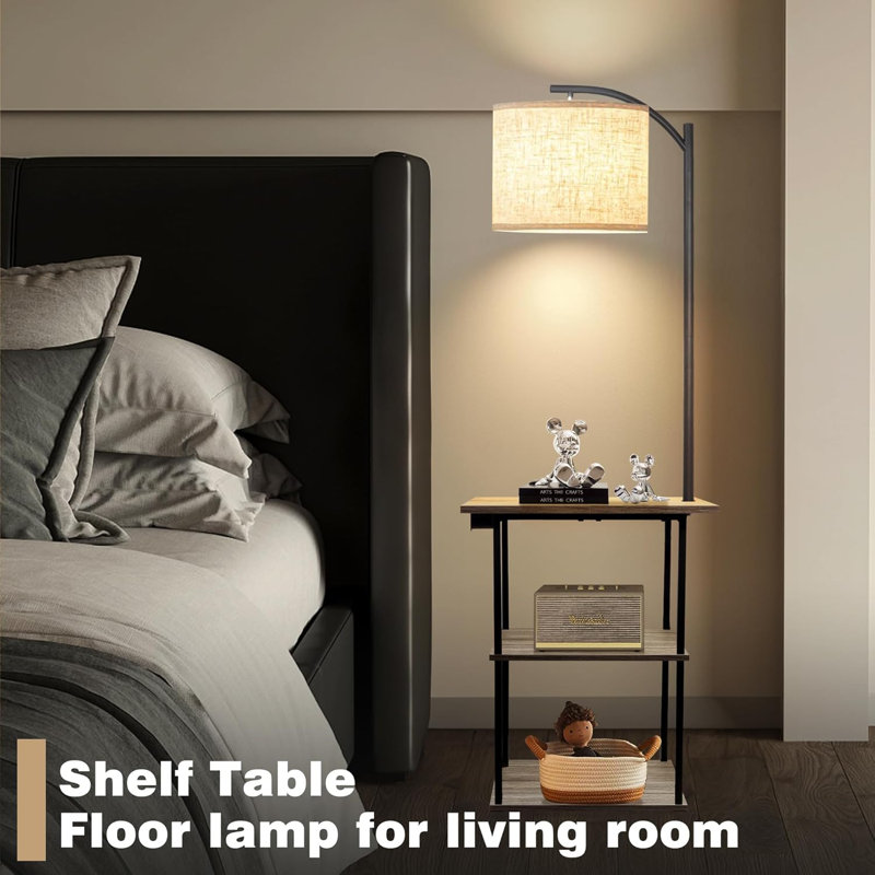 Floor Lamp With Table, End Table With Charging Station, Brown