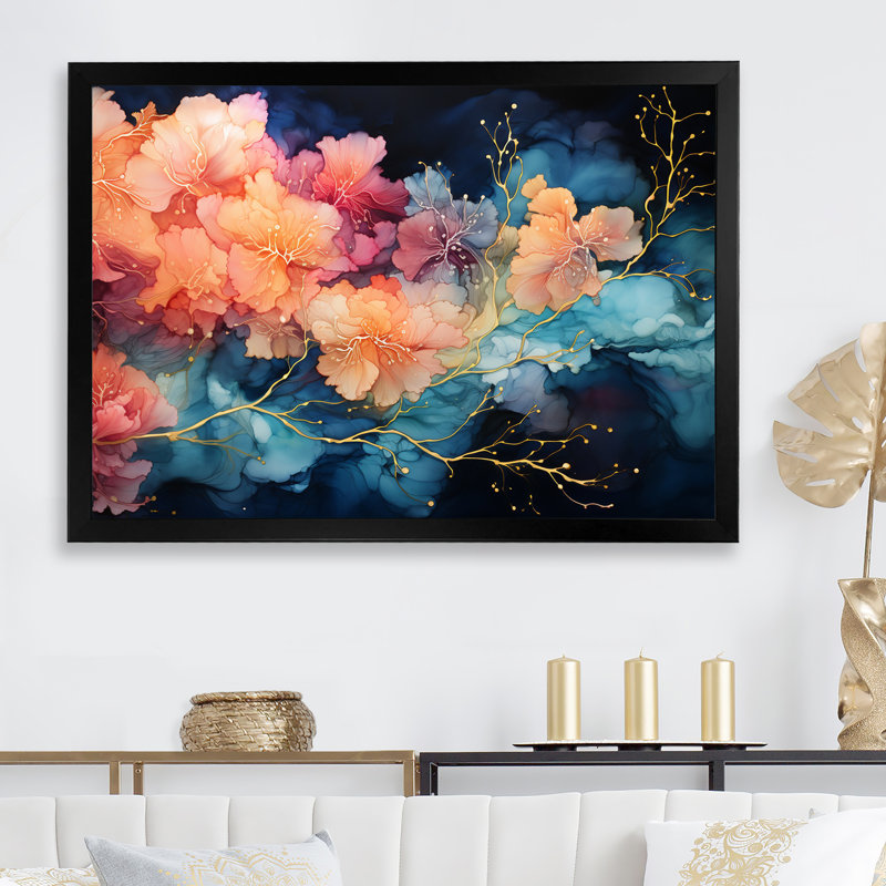 Céleste, corail et ciel bleu, impression sur toile, Cadre simple noir, H 12 po x l 20 po x P 1 po