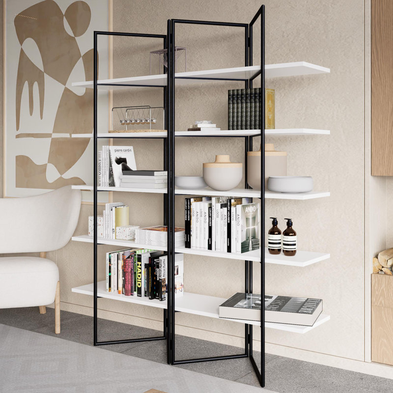 Golden Metal Frame Folding White Bookcase, Wide Panel, Large 71 Inch Etagere Display Shelf, Black/White