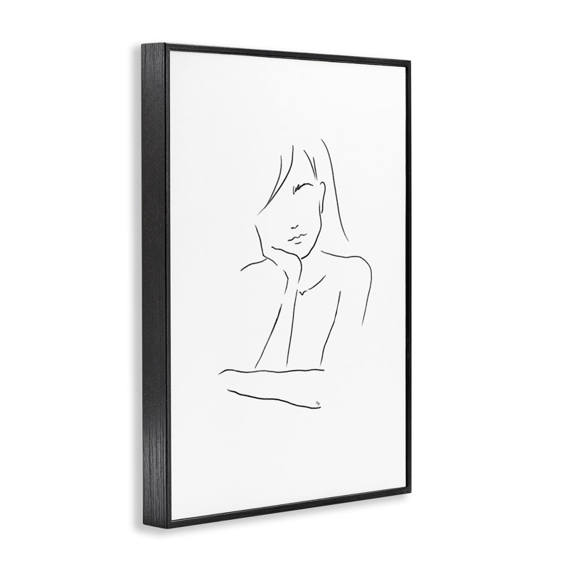 Triste femme, dessin au trait encadré, design par Martina Pavlova, H 18 po x l 12 po, Giclée encadrée noir minuit