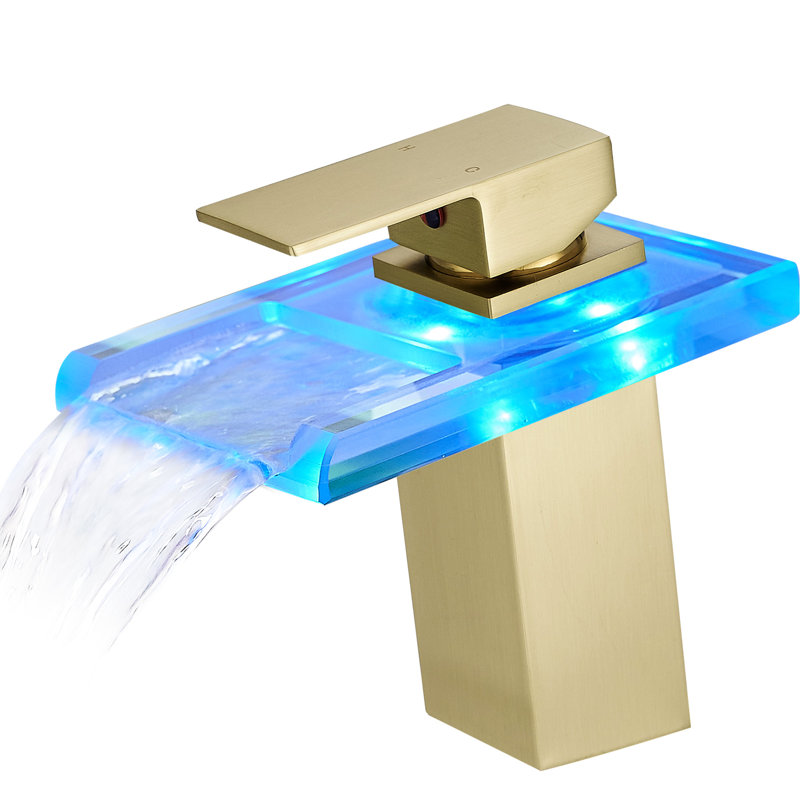 Robinet de salle de bain brossé à fixation sur le comptoir en or brossé, 3 couleurs à DEL, bec cascade, mélangeur d'eau chaude et froide, monotrou à une couleur, monté, eau, finition