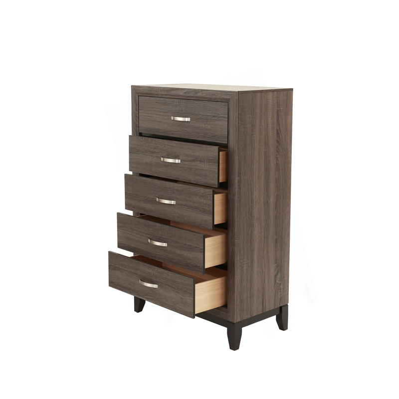 Ensemble de meubles de chambre à coucher élégants avec finition gris rustique et cinq tiroirs pour un grand rangement