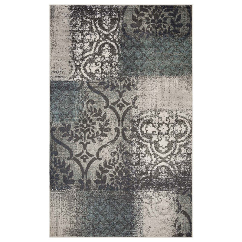 Tapis bleu sarcelle et gris 5 pi x 8 pi résistant aux taches