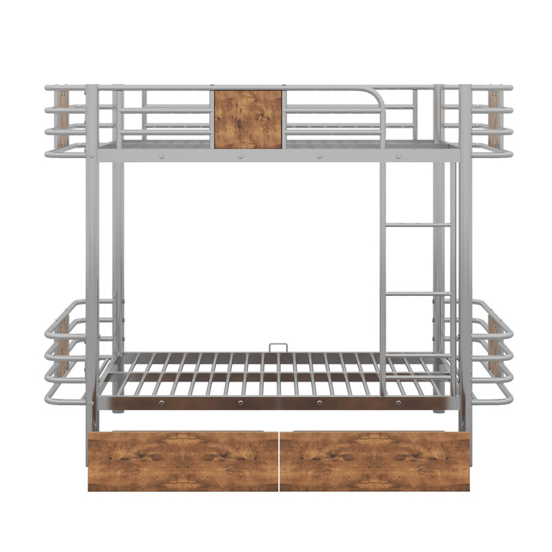 Twin XL Over Twin XL Metal Bunk Bed With MDF Board Guardrail And 2 Drawers, Silver