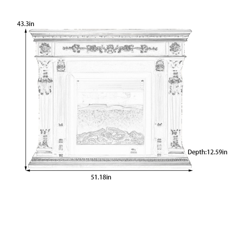 Retro solid wood base carved design fireplace, Brown, 43.3" H x 51.18" W x 12.59" D