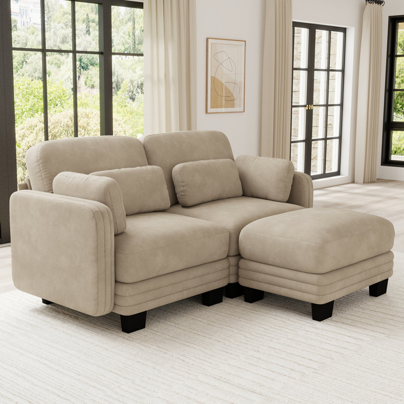 Causeuse en chenille, capitonnée, modulaire, 2 pièces, causeuse avec repose-pieds mobile, chameau, coussins en mousse haute résilience