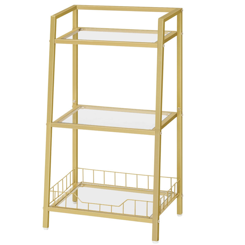 Gold Bookshelf, 3-Tier Tempered Glass Bookcase, Bathroom Storage Stand, For Bathroom, Bedroom, Living Room Modern Style, Gold
