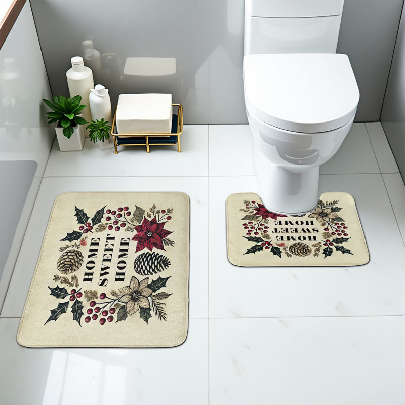  Christmas Bathroom Rug Set 2 Pieces Rectangle & Contour Mats Raspberry Cream Teal