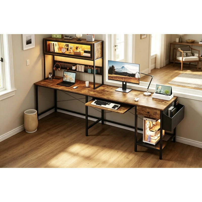 Reversible L Shaped Computer Desk With Power Outlets & Led Lights, Rustic Brown