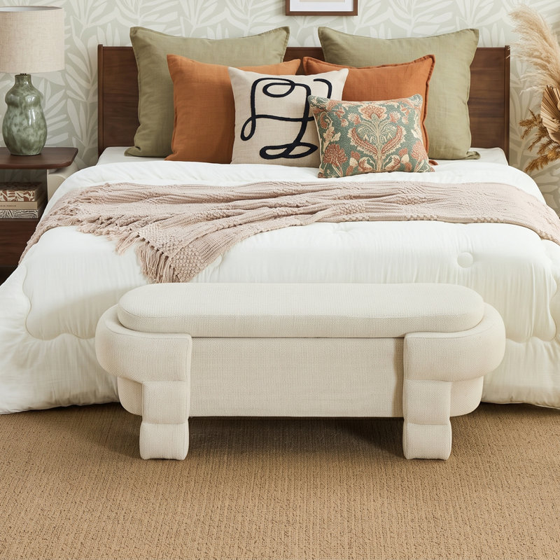 Banc de rangement ovale de 124 cm avec siège, banc à chaussures incurvé moderne et coffre à jouets pour l'entrée et le salon, beige