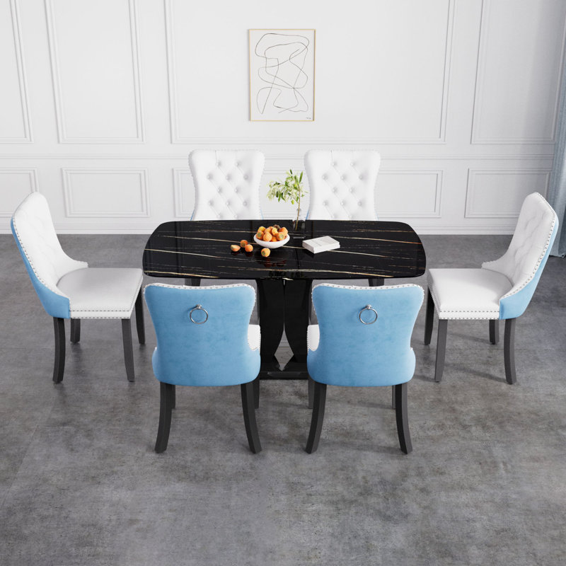 Ensemble de salle à manger à piédestal Vasia, Noir, Bleu, 7