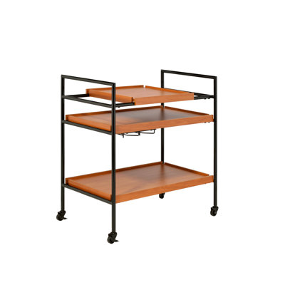 Adjustable Serving Cart In Honey Oak And Black Finish, Stemware Rack, 3 Open Compartments For Organization, 4 Caster Wheels, Robust Metal Construction