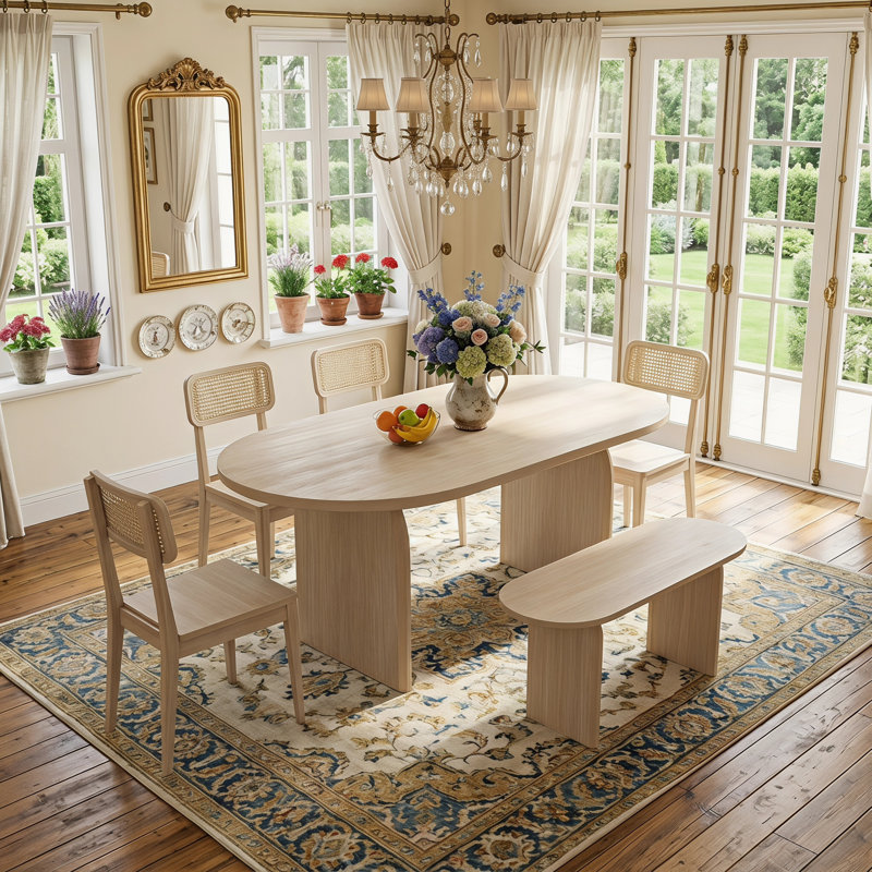 Ensemble de table de salle à manger ovale 6 pièces avec chaises en rotin et banc Modern, Natural