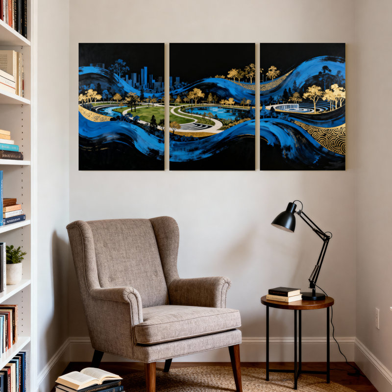 Cités et pays «Blue Waves Golden Trees Cityscape Park», ensemble de 3 impressions sur toile, H 30 po x l 60 po