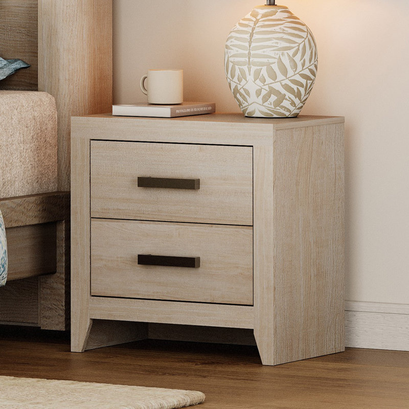 Set Of 2 Nightstands With 2 Drawers, Modern Farmhouse Bedside Table With Matte Black Pulls For Bedroom & Living Room, Beige