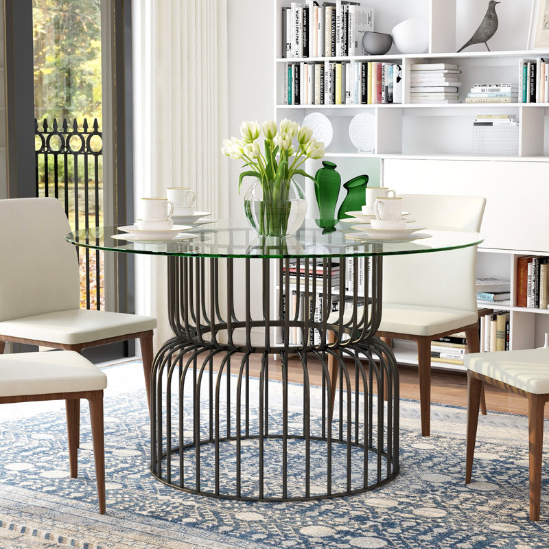 Darin Round Glass Top Metal Base Dining Table, Clear Top/Gray Base