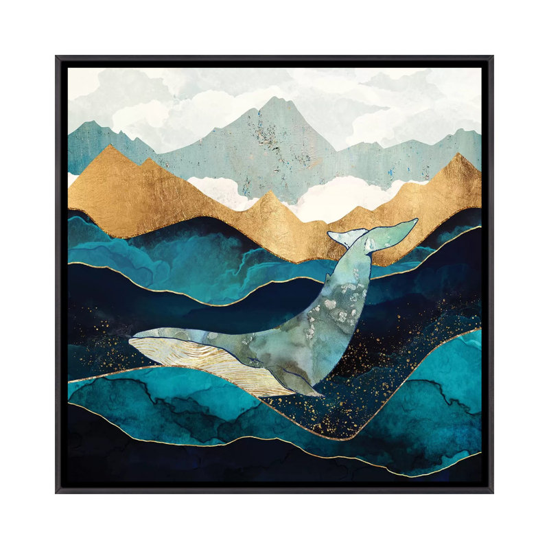 Baleine bleue - reproduction d'art, Aucun mat, H 26 po x l 26 po x P 1,5 po, Toile avec cadre noir patiné